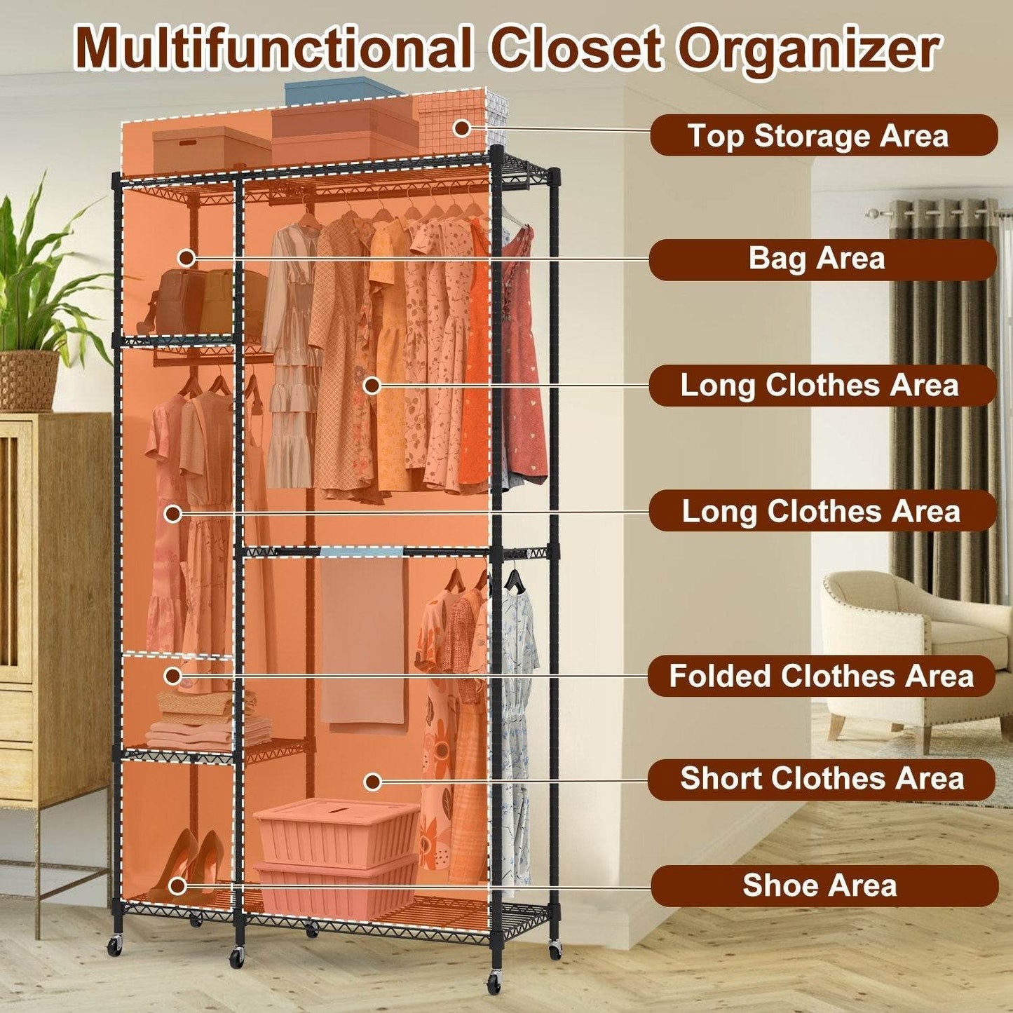 1Pc 4 Tier Heavy Duty Garment Rack With Wheels Carbon Steel Clothing Rack Portable Wardrobe Clothes Rack With 3 Hanging Rods 6 Footrests 44.9x17.13x77.95in - Velora