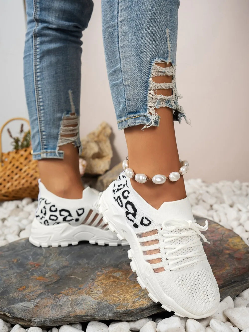 Cutout Leopard Lace Up Mesh Athletic - Velora