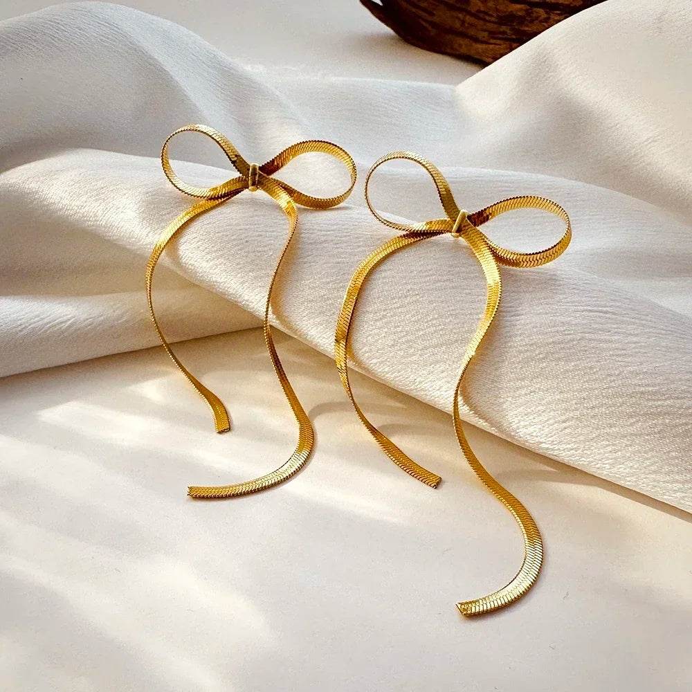 Stainless Steel Jewelry Wholesale Non-tarnish Herringbone Bow Earrings Hypoallergenic 18k Gold Plated Ribbon Bow Bowknot Earring - Velora