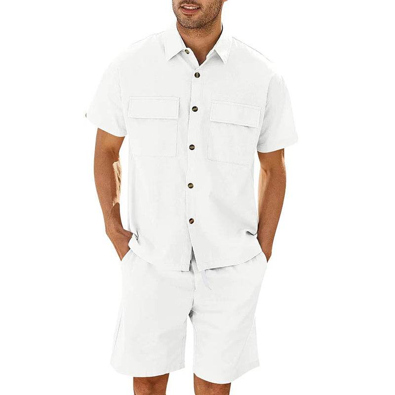 Summer Suits Men Short Sleeve Lapel Pockets Shirt And Drawstring Shorts Sports Fashion Leisure Men's Clothing - Velora