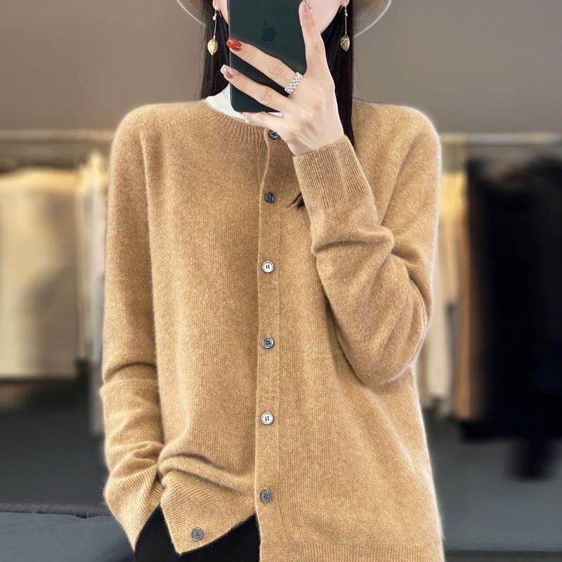 Fashion Merino Wool Cardigan Sweater Women O-Neck Long-sleeve Cashmere Knitwear Spring Autumn Female Clothing Tops - Velora