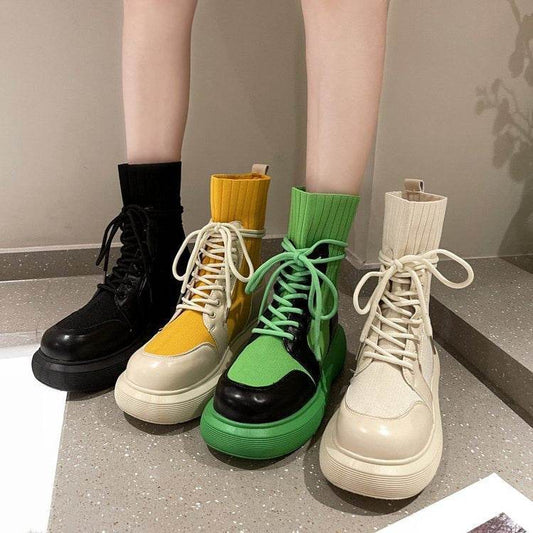 Green Martin With Lace-up Thick-bottomed Heightening Straps Boots - Velora