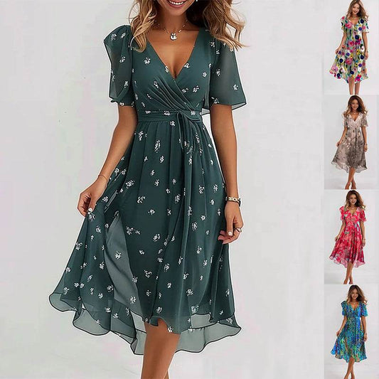 Chiffon Printed Short Sleeve Dress Summer Elegant V-neck Dresses Womens Clothing - Velora