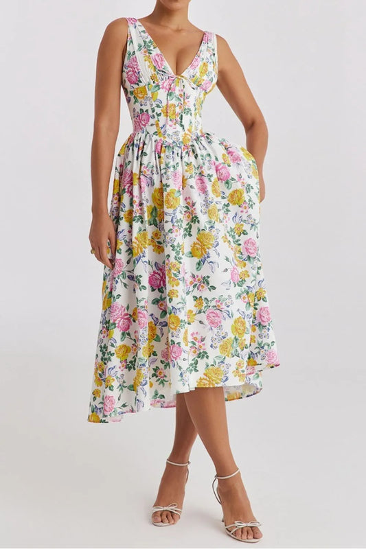Floral V-Neck Sleeveless Midi Dress with Pockets - Velora