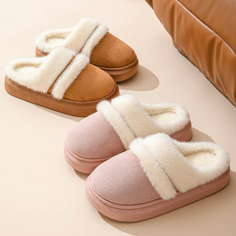 Fashion Warm Cotton Slippers For Women Leisure Thick Bottom Non-slip Plus-velvet House Shoes Winter Bedroom Floor Suede Slipper - Velora