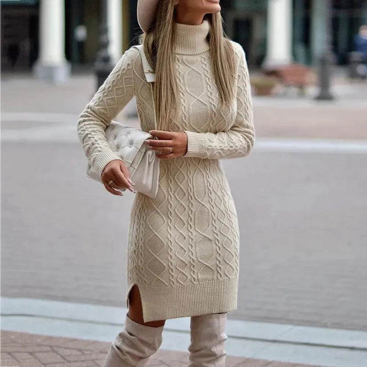 Autumn Winter Mini Slim fit Twist thick knitted Turtleneck sweater dress - Velora