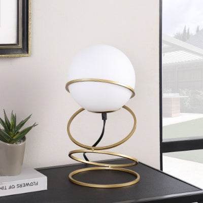 13.5 H Glass Globe Matte Gold Spiral 4 Ring Metal Stand Table Lamp For Living Room, Nightstand Bedside Table Lamp For Bedroom, LED Lamp - Velora