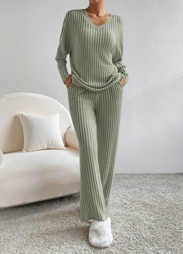 Fashion Solid Striped Suit V-neck Long-sleeved Top And Casual Straight Pants Loose Temperament Women's Clothing - Velora