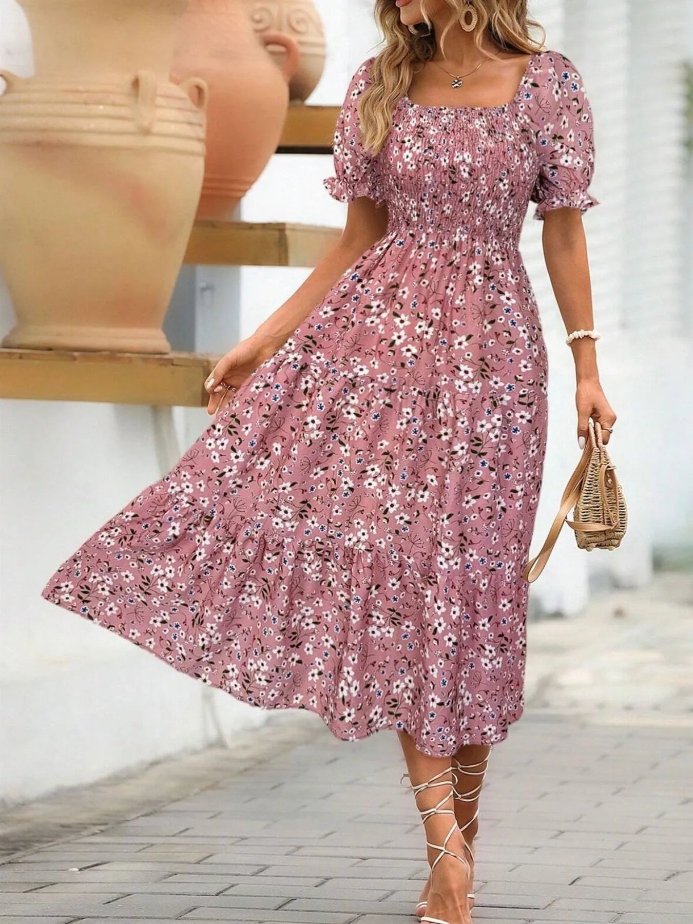 Floral Print Puff Sleeve Tiered Midi Dress - Velora