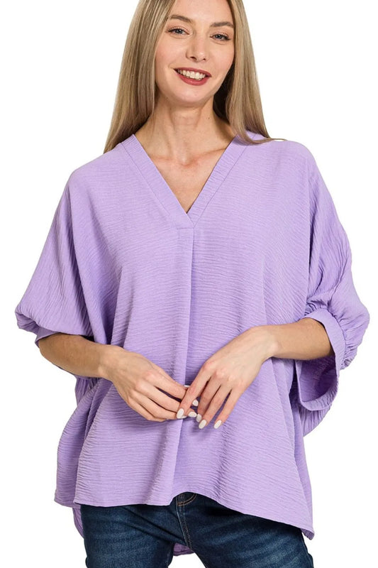 Zenana Woven Airflow V-neck Puff Half Sleeve Top - Velora