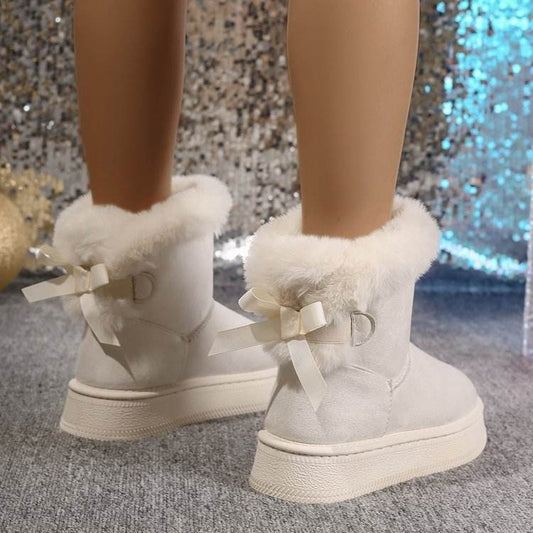 Winter Snow Boots With Bowknot Fashion Round Toe Flat Thickened Suede Cotton Shoes For Women Casual Warm Plush Short Boot - Velora