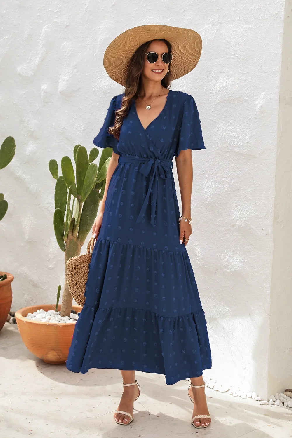 Swiss Dot Tied Surplice Short Sleeve Dress - Velora