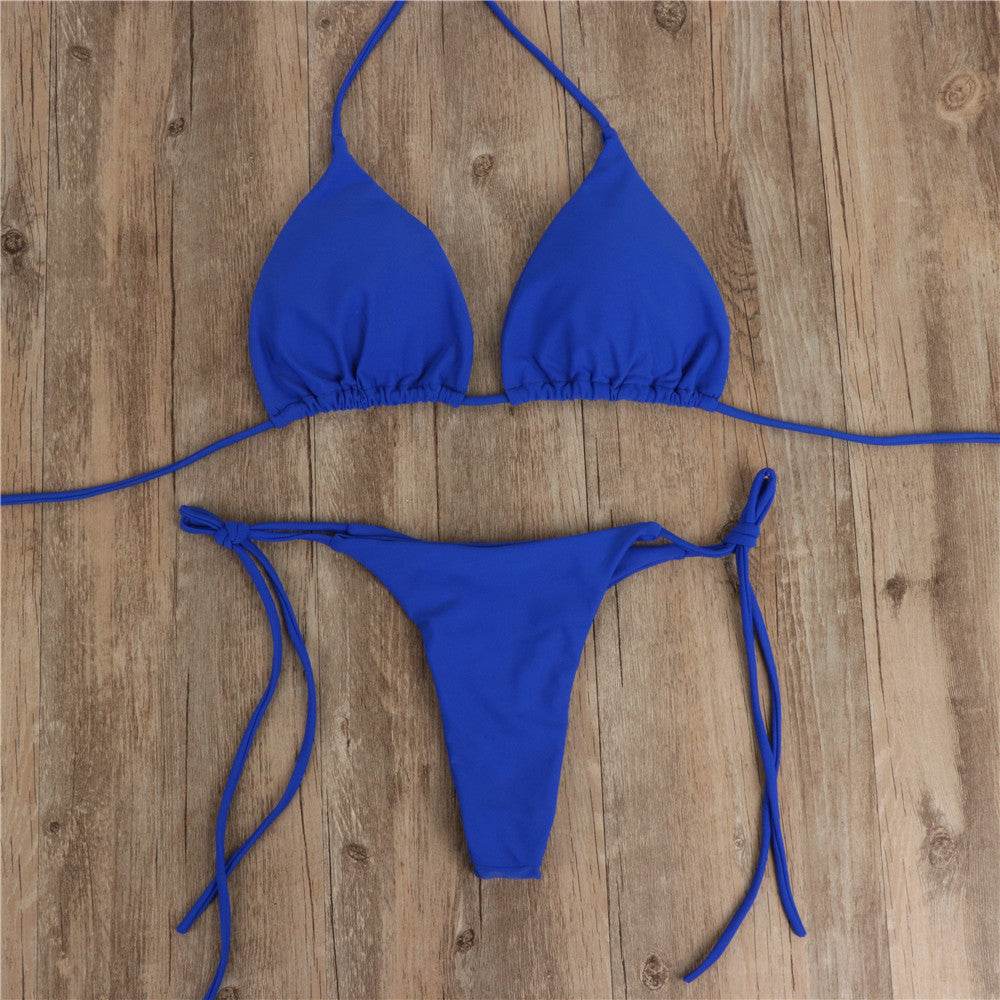 2pcs Halterneck Lace-up Bikini Women Summer Solid Color Sexy Split Strap Adjustable Swimsuit Suit - Velora