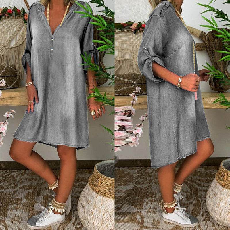 Casual Half Button Mid-sleeve loose Washed denim dress - Velora