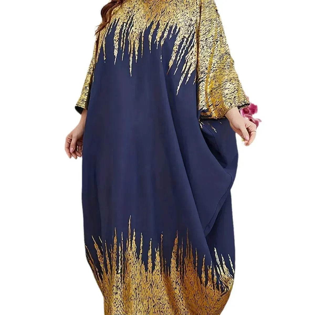 Fashion Embellish Fancy Abaya Middle East Print Color Contrast Patchwork Bat Sleeve Width Loose Summer Long Sleeve Dress - Velora