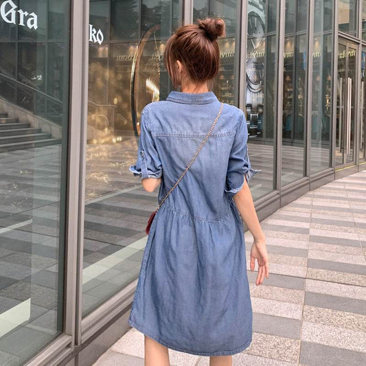 Casual Short sleeve Loose denim dress - Velora