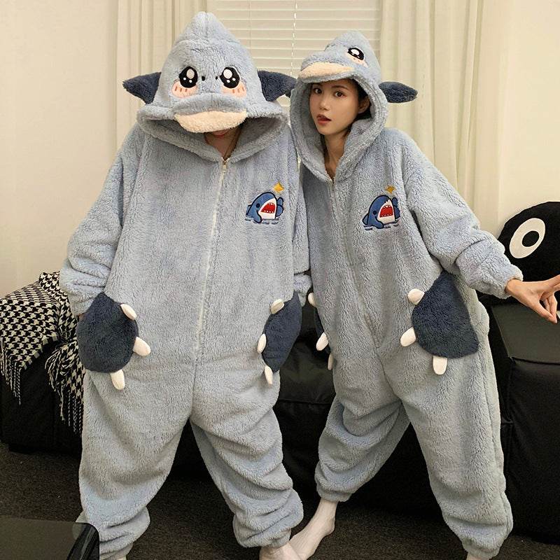 Cute Cartoon Jumpsuit Homewear Couple One-piece Nightgown Coral Fleece Winter Thickened Plush Pajamas For Women Home Clothes - Velora