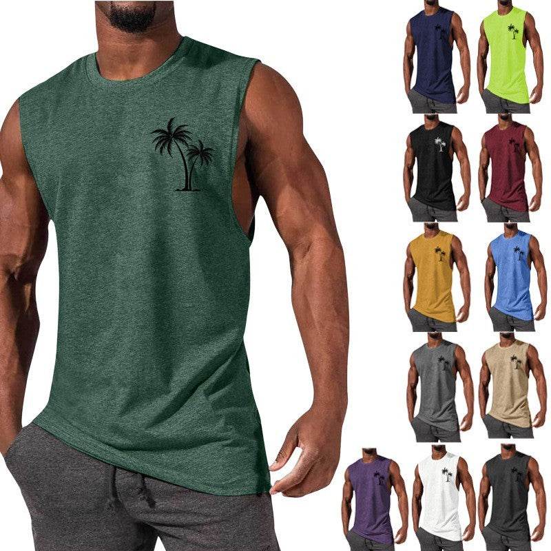 Coconut Tree Embroidery Vest Summer Beach Tank Tops Workout Muscle Men Sports Fitness T-shirt - Velora