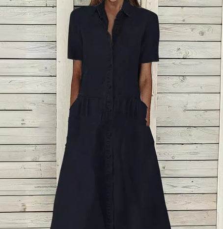 Women's European And American Lapel Casual loose button down Midi Denim jeans Mum Dress - Velora