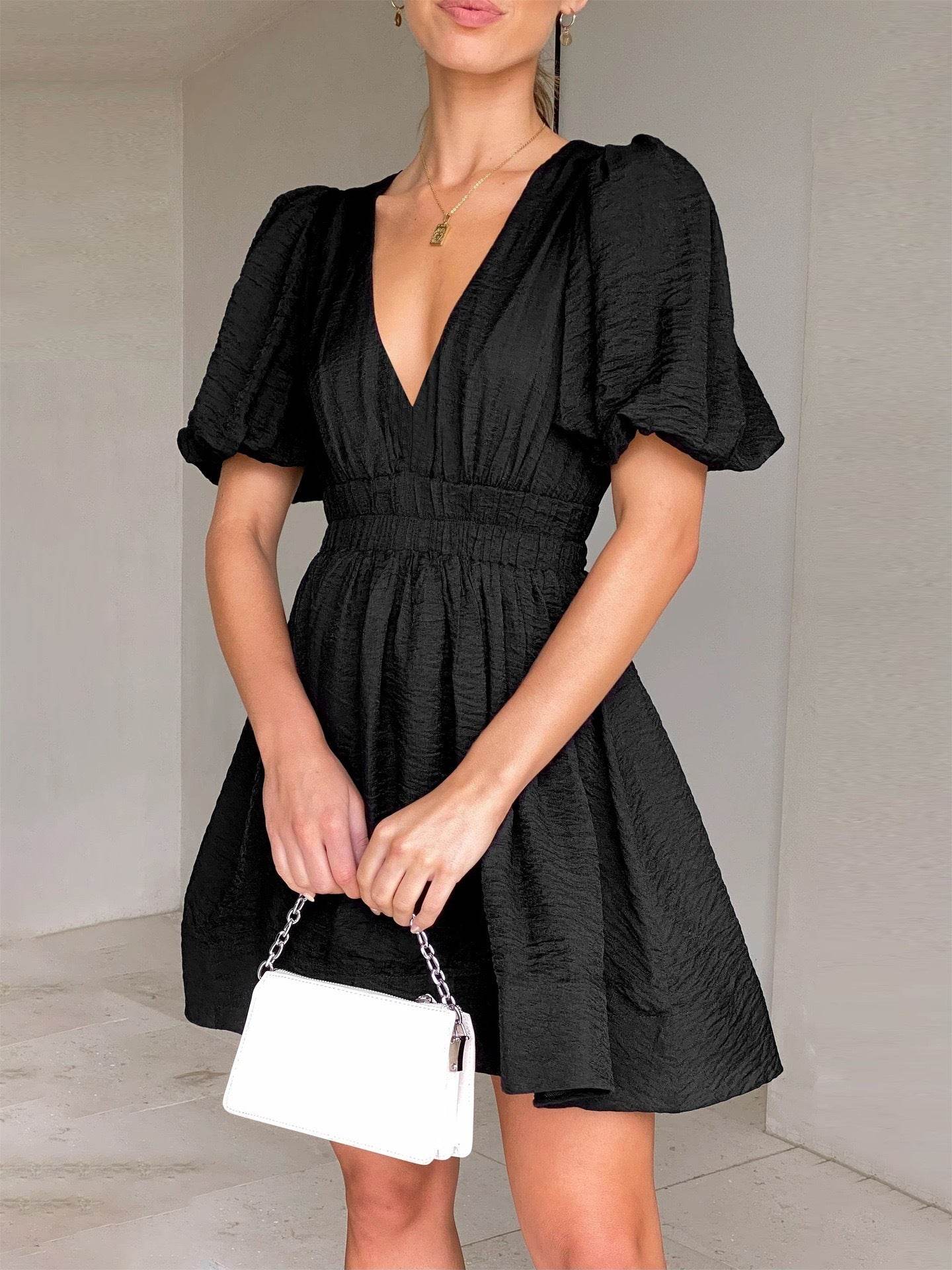 European And American Elegant Dress Sweet Waist Trimming Dress V-Neck Lantern Sleeve Dress Women's Summer Sun Dresses Evening Dress - Velora