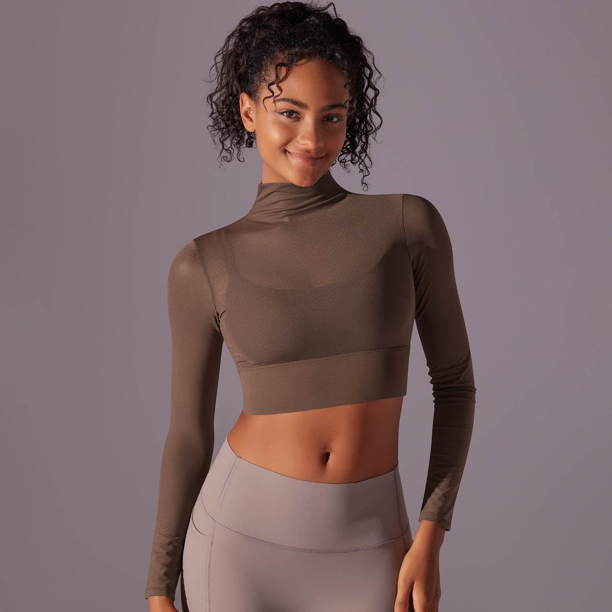 Quick Drying Gym Slim Fit Mesh Turtleneck Long Sleeve Workout Crop Top - Velora