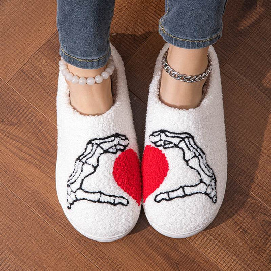 Funny Halloween Love Skull-hand Slippers Home Non-slip Soft Bottom Cotton Floor Bedroom Slippers Winter Warm House Shoes For Women Men - Velora