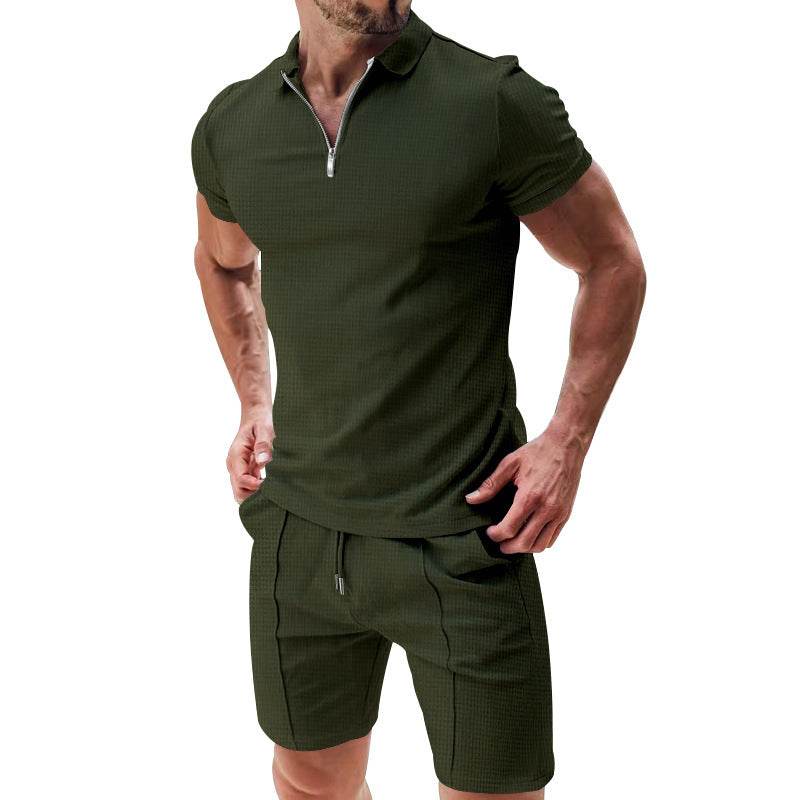 2Pcs Casual Waffle Suit Summer Zipper Lapel Short-sleeved Top And Drawstring Pockets Shorts Versatile Solid Color T-shirt Set For Mens Clothing - Velora