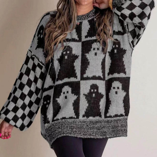 Halloween Cartoon Pumpkin Ghost Sweater Winter Loose Pullover Knitted Top Fashion Women's Clothing - Velora