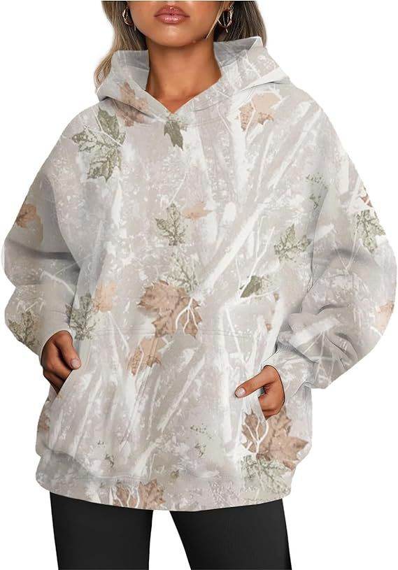 Camouflage Hoodie Maple Leaf Print Oversized Sports Hoodie With Pocket Break - Velora