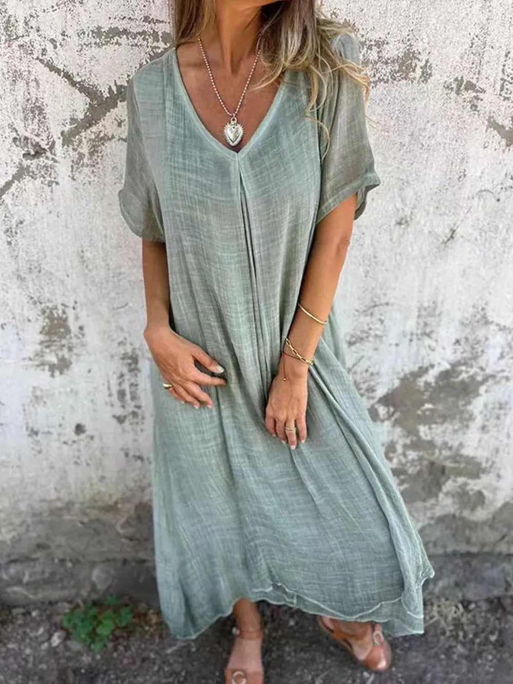 Full Size V-Neck Short Sleeve Midi Dress Plus Size - Velora