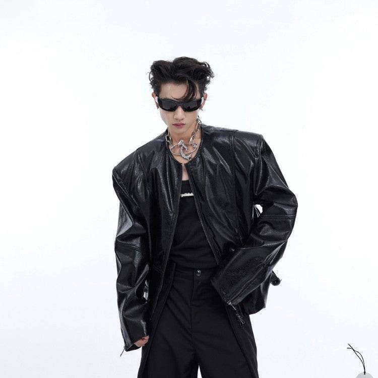 Texture Sense Padded Shoulder Leather Coat Men - Velora