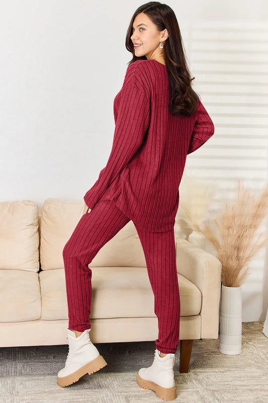 Basic Bae Full Size Notched Long Sleeve Top and Pants Set - Velora