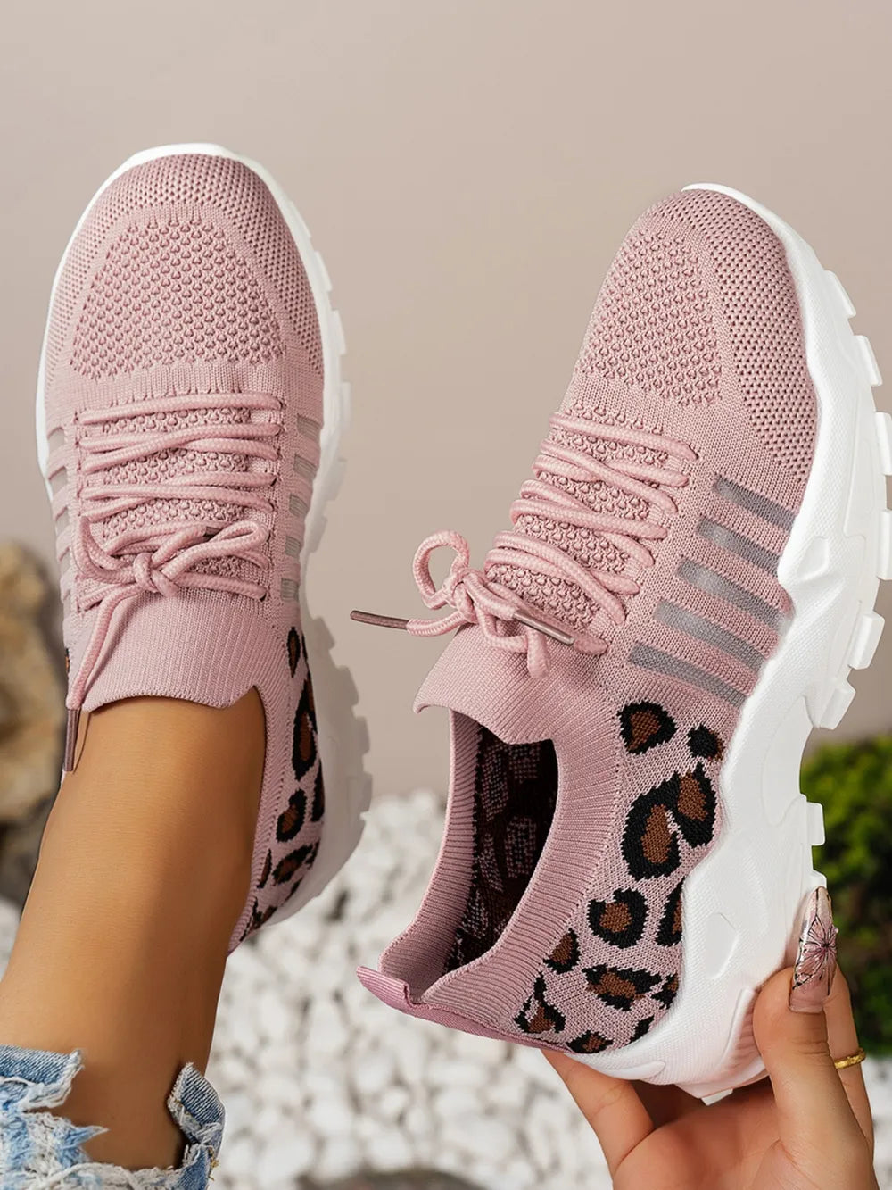 Cutout Leopard Lace Up Mesh Athletic - Velora