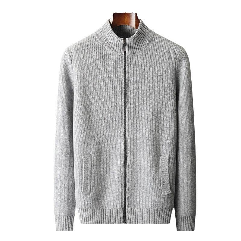 Thickened Autumn And Winter Wool Cardigan Men's Stand Collar Zipper Knitted Jacket With Pocket - Velora