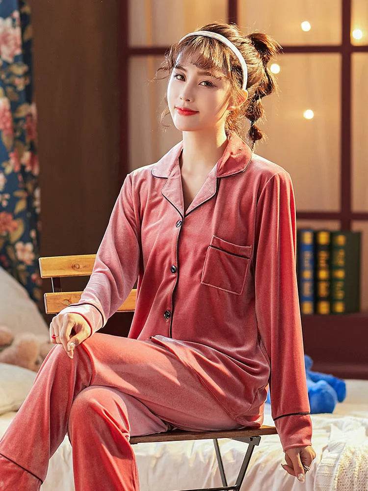 2pcs Couple Gold Velvet Long Sleeve Pajamas set - Velora