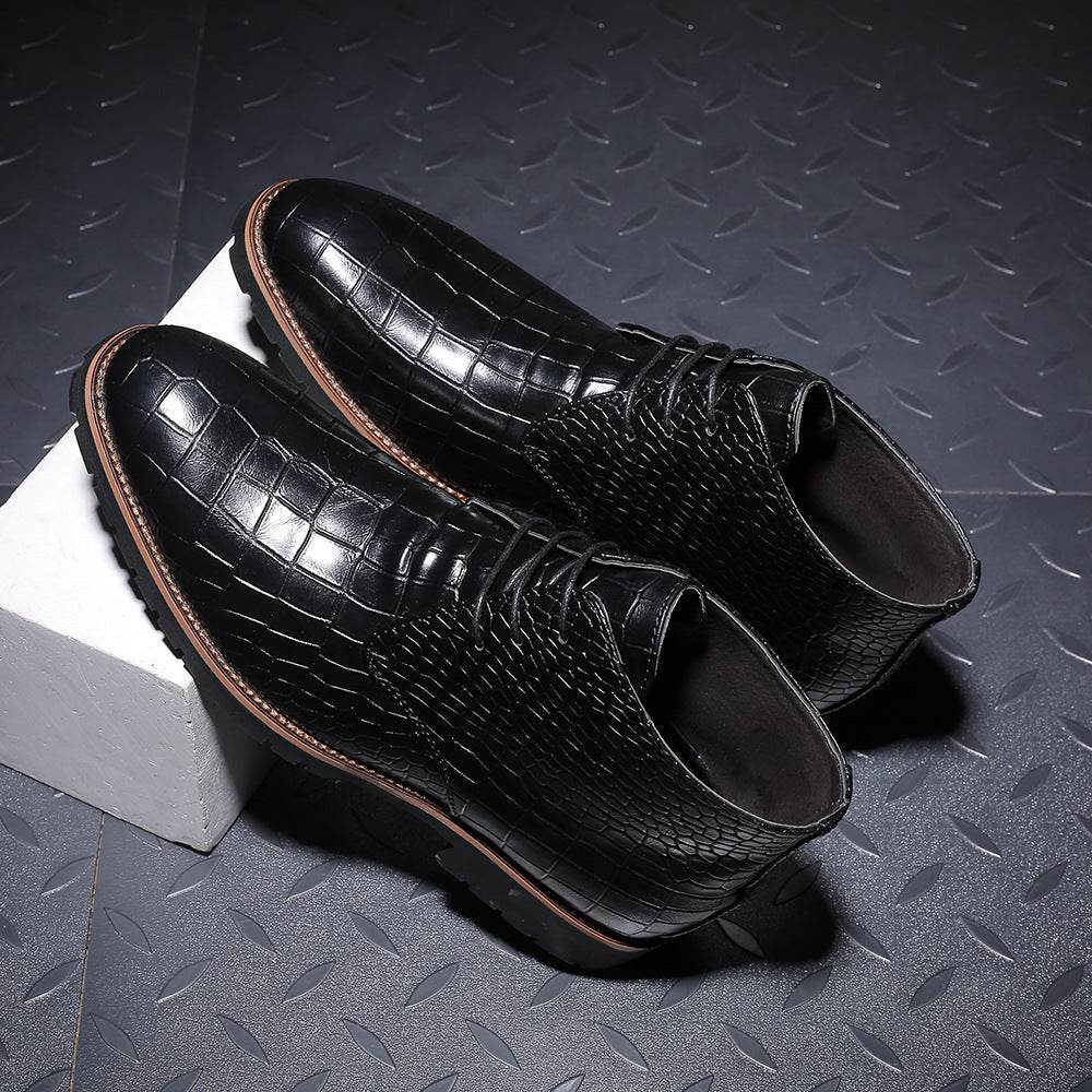Casual Men's Leather Boots With Front Lace-Up Low-Cut Mid-Heel - Velora