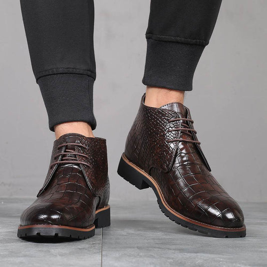 Casual Men's Leather Boots With Front Lace-Up Low-Cut Mid-Heel - Velora