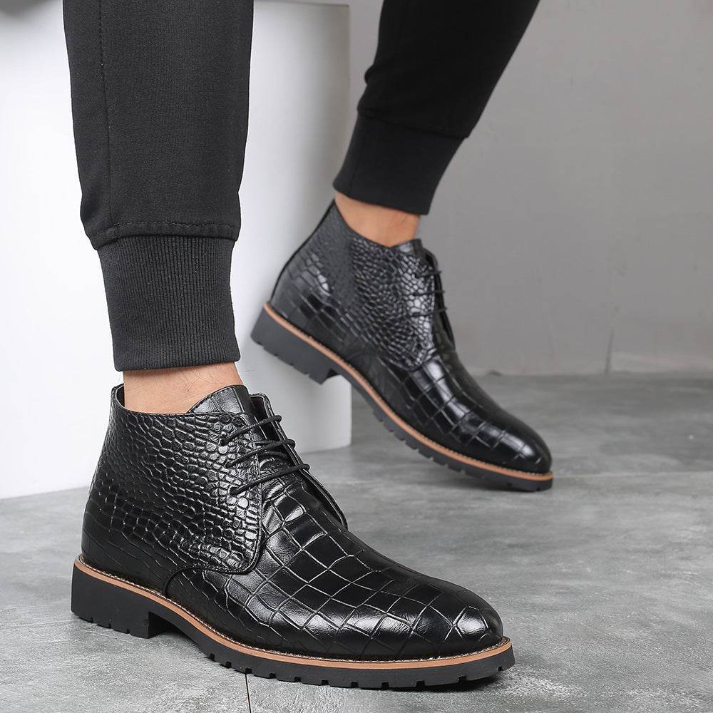 Casual Men's Leather Boots With Front Lace-Up Low-Cut Mid-Heel - Velora