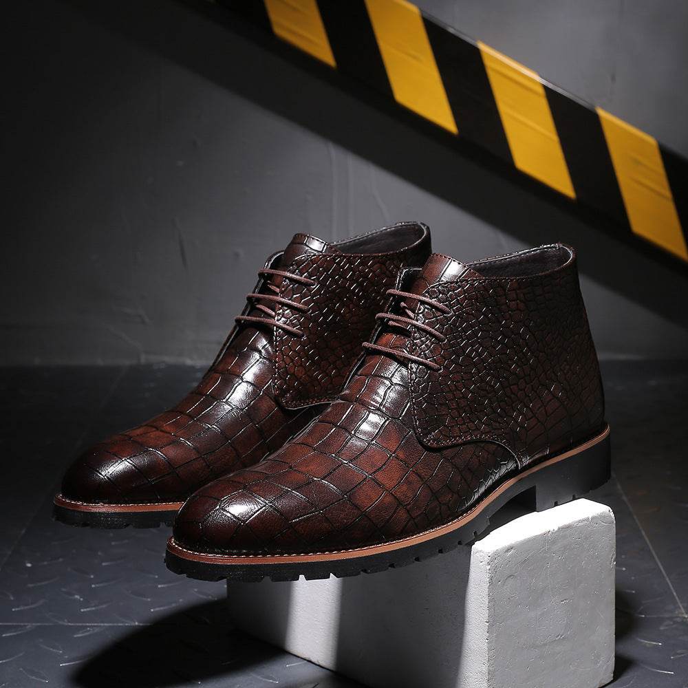 Casual Men's Leather Boots With Front Lace-Up Low-Cut Mid-Heel - Velora