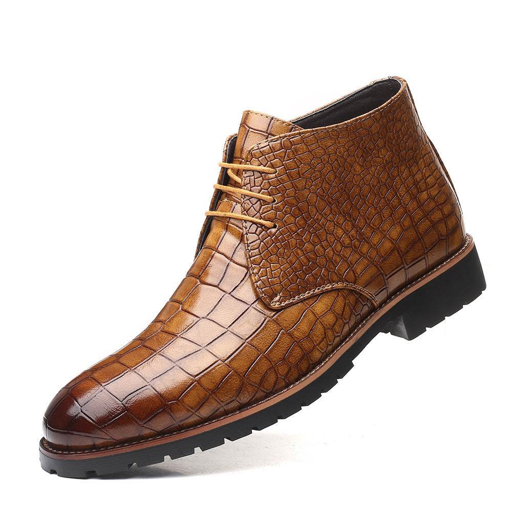 Casual Men's Leather Boots With Front Lace-Up Low-Cut Mid-Heel - Velora