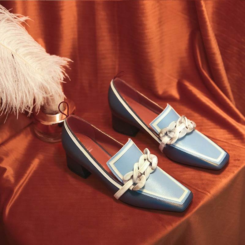 Color Matching Square Toe Women's Shoes Green Mid-Heel English Style Small Leather Shoes - Velora