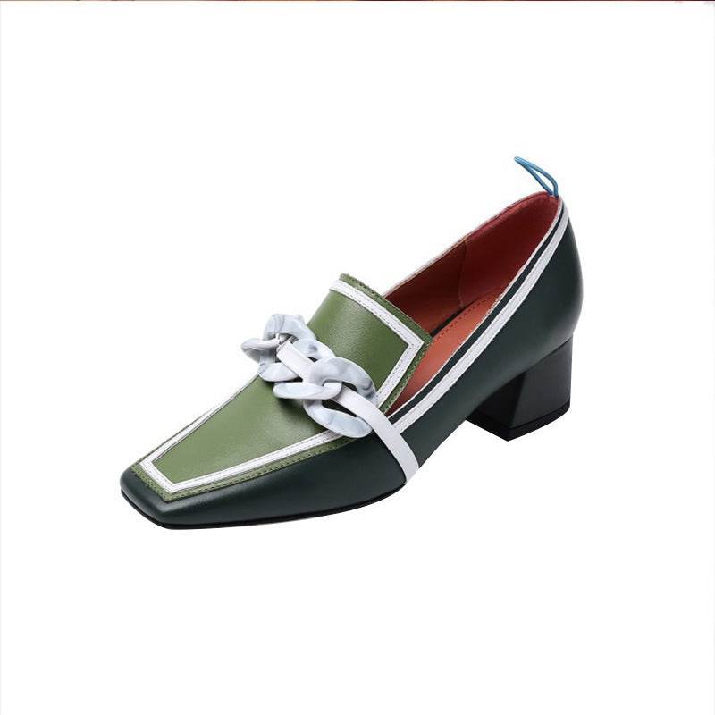 Color Matching Square Toe Women's Shoes Green Mid-Heel English Style Small Leather Shoes - Velora