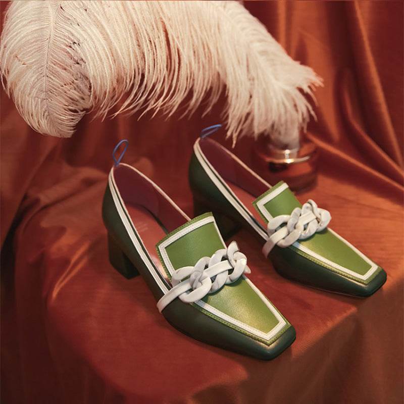 Color Matching Square Toe Women's Shoes Green Mid-Heel English Style Small Leather Shoes - Velora
