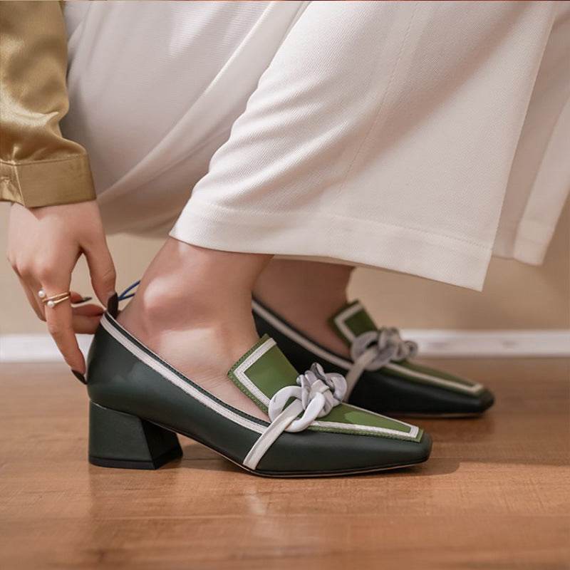 Color Matching Square Toe Women's Shoes Green Mid-Heel English Style Small Leather Shoes - Velora