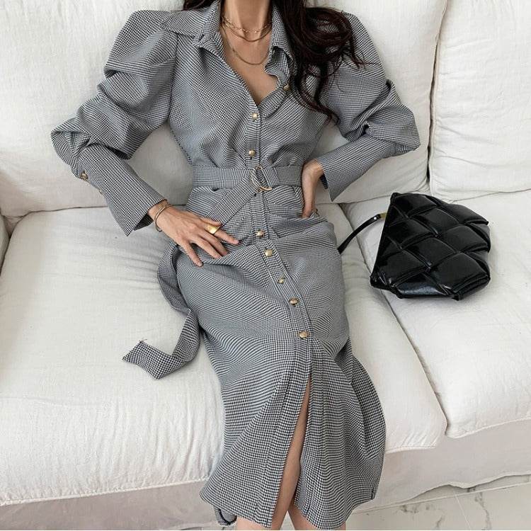 Design Pleated Plaid Long Puff Sleeve Dress - Velora