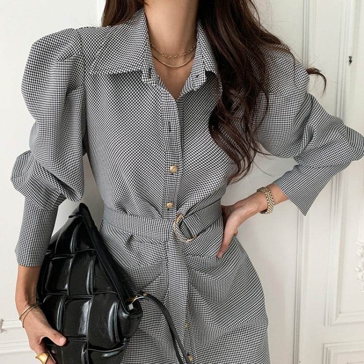 Design Pleated Plaid Long Puff Sleeve Dress - Velora