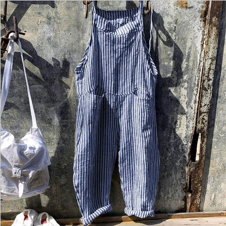 Striped Bib Jumpsuit With Pockets Summer Fashion Loose Wide-leg Pants For Women Clothing - Velora