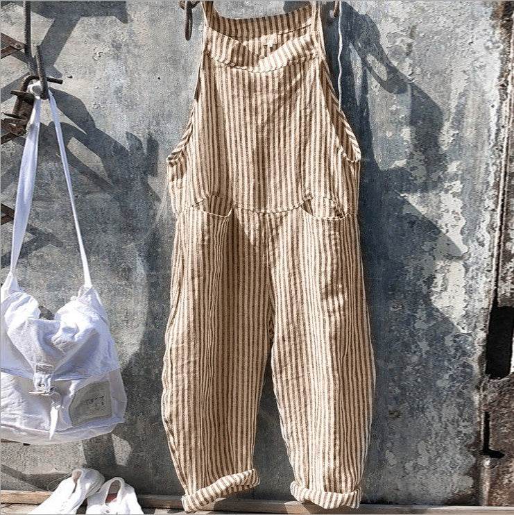 Striped Bib Jumpsuit With Pockets Summer Fashion Loose Wide-leg Pants For Women Clothing - Velora