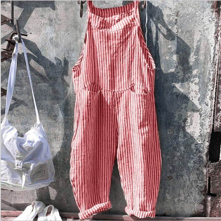 Striped Bib Jumpsuit With Pockets Summer Fashion Loose Wide-leg Pants For Women Clothing - Velora
