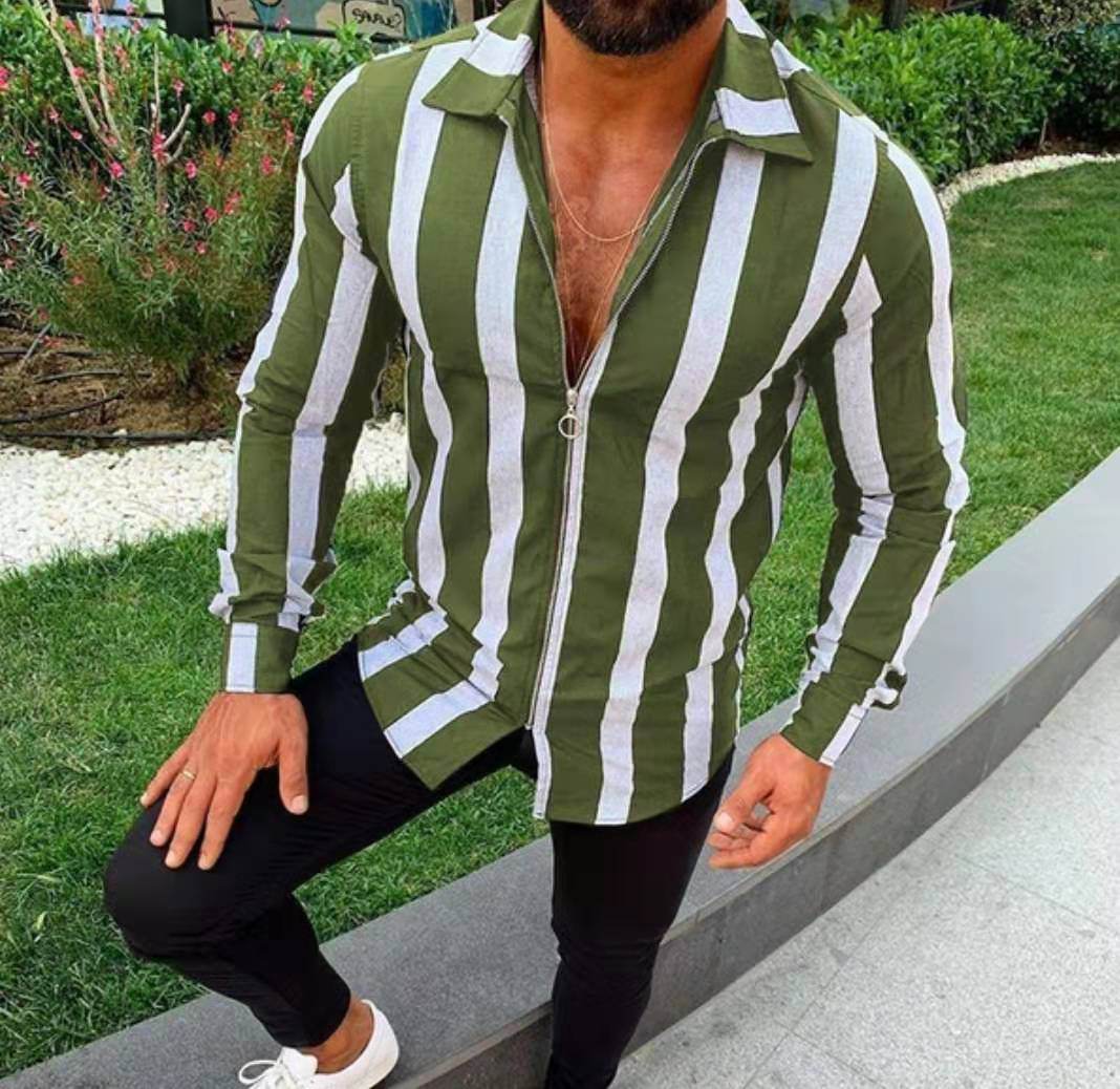 Fashionable Men's Zipper Sleeve Striped Shirt - Velora